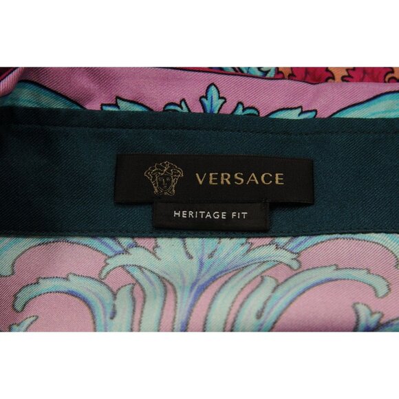Versace Mens Floral Silk Button Down Shir 41 / 16 Purple Pink Blue Green Paisley - Picture 11 of 12